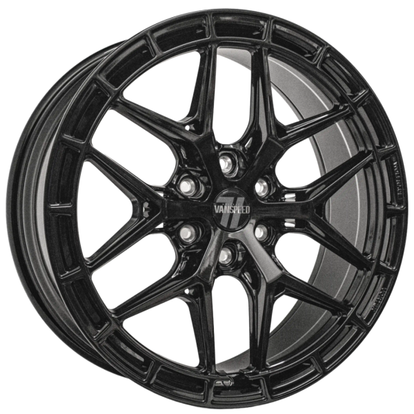 New 20 Inch Wolfrace Vanspeed Vortex Alloy Wheels In Gloss Raven Black, 1350kg Load Rated, Ford Transit Custom Gen 2, VW Transporter T7 6x120