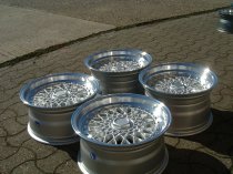 NEW 16 INCH DARE DR RS ALLOY WHEELS IN SILVER WITH POLISHED DISH AND CHROME RIVETS, DEEPER 9" REAR OPTION 5x112/120
