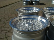 NEW 16 INCH DARE DR RS ALLOY WHEELS IN SILVER WITH POLISHED DISH AND CHROME RIVETS, DEEPER 9" REAR OPTION 5x112/120