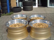 NEW 16" DARE RS ALLOY WHEELS GOLD POLISHED FINISH WITH CHROME RIVETS, 9" DEEPER REAR