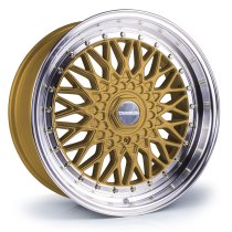 NEW 15" DARE DR-RS ALLOY WHEELS IN GOLD WITH POLISHED DISH AND CHROME RIVETS, DEEP DISH 8" REAR