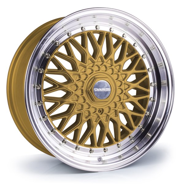 NEW 15 INCH DARE DR RS ALLOY WHEELS IN GOLD WITH POLISHED DISH AND CHROME RIVETS, DEEP DISH 8" REAR 4x100/108
