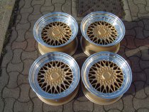NEW 15 INCH DARE DR RS ALLOY WHEELS IN GOLD WITH POLISHED DISH AND CHROME RIVETS, DEEP DISH 8" REAR 4x100/108
