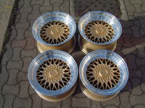 NEW 15" DARE DR-RS ALLOY WHEELS IN GOLD WITH POLISHED DISH AND CHROME RIVETS, DEEP DISH 8" REAR