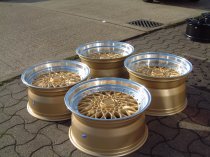 NEW 15 INCH DARE DR RS ALLOY WHEELS IN GOLD WITH POLISHED DISH AND CHROME RIVETS, DEEP DISH 8" REAR 4x100/108