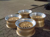 NEW 15" DARE DR-RS ALLOY WHEELS IN GOLD WITH POLISHED DISH AND CHROME RIVETS, DEEP DISH 8" REAR