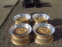 NEW 15" DARE DR-RS ALLOY WHEELS IN GOLD WITH POLISHED DISH AND CHROME RIVETS, DEEP DISH 8" REAR