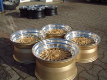 NEW 15 INCH DARE DR RS ALLOY WHEELS IN GOLD WITH POLISHED DISH AND CHROME RIVETS, DEEP DISH 8" REAR 4x100/108