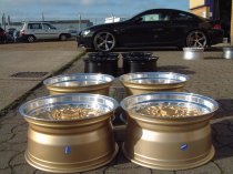 NEW 15" DARE DR-RS ALLOY WHEELS IN GOLD WITH POLISHED DISH AND CHROME RIVETS, DEEP DISH 8" REAR