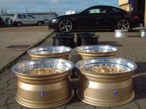NEW 15 INCH DARE DR RS ALLOY WHEELS IN GOLD WITH POLISHED DISH AND CHROME RIVETS, DEEP DISH 8" REAR 4x100/108