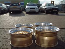 NEW 15" DARE DR-RS ALLOY WHEELS IN GOLD WITH POLISHED DISH AND CHROME RIVETS, DEEP DISH 8" REAR