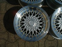 NEW 15 INCH DARE RS ALLOY WHEELS SILVER POLISHED FINISH WITH GOLD RIVETS, DEEP DISH 8" REAR OPTION 4x100/108