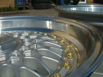 NEW 15 INCH DARE RS ALLOY WHEELS SILVER POLISHED FINISH WITH GOLD RIVETS, DEEP DISH 8" REAR OPTION 4x100/108