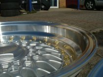 NEW 15 INCH DARE RS ALLOY WHEELS SILVER POLISHED FINISH WITH GOLD RIVETS, DEEP DISH 8" REAR OPTION 4x100/108