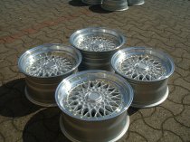 NEW 15" DARE RS ALLOY WHEELS SILVER POLISHED FINISH WITH GOLD RIVETS, DEEP DISH 8" REAR