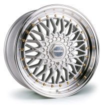 NEW 15" DARE RS ALLOY WHEELS SILVER POLISHED FINISH WITH GOLD RIVETS, DEEP DISH 8" REAR