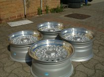 NEW 16" DARE RS ALLOY WHEELS SILVER POLISHED FINISH WITH GOLD RIVETS, VERY DEEP 9" REAR