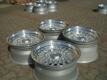 NEW 17 INCH DARE DR RS ALLOY WHEELS IN SILVER WITH GOLD RIVETS, VERY DEEP DISH 10" REARS 5x120/112