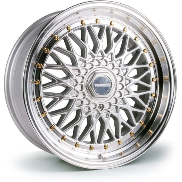 NEW 18" DARE DR RS ALLOY WHEELS IN SILVER WITH POLISHED DISH AND GOLD RIVETS, DEEP DISH 9.5" REAR OPTION