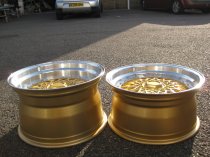 NEW 17" DARE DR RS ALLOY WHEELS IN GOLD WITH CHROME RIVETS AND VERY DEEP DISH, 10" REARS