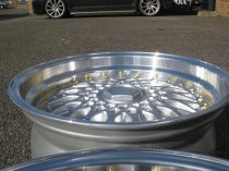 NEW 17 INCH DARE DR RS ALLOY WHEELS IN SILVER WITH POLISHED DISH AND GOLD RIVETS, DEEPER 8.5" REAR 4x100/108