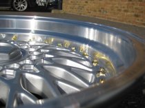 NEW 17 INCH DARE DR RS ALLOY WHEELS IN SILVER WITH POLISHED DISH AND GOLD RIVETS, DEEPER 8.5" REAR 4x100/108