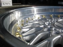 NEW 17 INCH DARE DR RS ALLOY WHEELS IN SILVER WITH POLISHED DISH AND GOLD RIVETS, DEEPER 8.5" REAR 4x100/108
