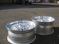 NEW 17 INCH DARE DR RS ALLOY WHEELS IN SILVER WITH POLISHED DISH AND GOLD RIVETS, DEEPER 8.5" REAR 4x100/108