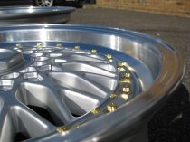 NEW 17 INCH DARE DR RS ALLOY WHEELS IN SILVER WITH POLISHED DISH AND GOLD RIVETS, DEEPER 8.5" REAR 4x100/108