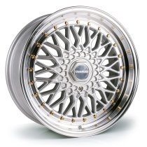 NEW 17″ DARE DR-RS ALLOY WHEELS IN SILVER WITH POLISHED DISH AND GOLD RIVETS, DEEPER 8.5″ REAR 4X100/108