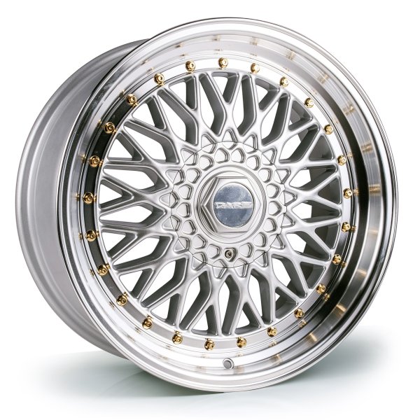 NEW 17" DARE DR-RS ALLOY WHEELS IN SILVER WITH POLISHED DISH AND GOLD RIVETS, DEEPER 8.5" REAR 4X100/108