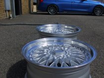 NEW 18 INCH DARE DR RS / OEMS RS ALLOY WHEELS IN SILVER WITH POLISHED DISH AND CHROME RIVETS, DEEPER 9.5" REAR 5x112/100