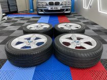 USED 17 INCH GENUINE BMW STYLE 382 1 SERIES 5 SPOKE ALLOY WHEELS, FULLY REFURBED INC VERY GOOD NON RUNFLAT TYRES 5x120