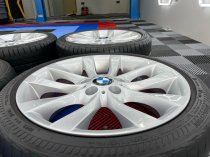 USED 18 INCH GENUINE BMW STYLE 217 1 SERIES V SPOKE ALLOY WHEELS, FULLY REFURBED WIDER 8.5" REAR INC BRIDGESTONE RUNFLAT TYRES 5x120