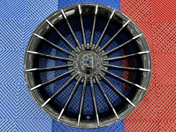 NEW 19 INCH ALPIN CRINKLE SPOKE ALLOY WHEELS IN GLOSS BLACK WITH POLISHED TIPS AND DEEPER 9.5" REARS 5x120