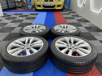 USED 17 INCH GENUINE BMW STYLE 655 DOUBLE SPOKE ALLOY WHEELS,GC, LIGHT GUNMETAL WITH POLISHED FACE,INC VG RUNFLAT TYRES 5x120