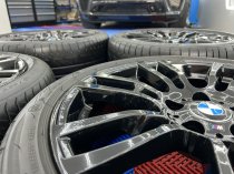 USED 19 INCH GENUINE BMW STYLE 403 M SPORT ALLOY WHEELS, REFURBISHED IN GLOSS BLACK,WIDE REAR INC GOOD RUNFLAT TYRES 5x120