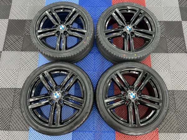 USED 18 INCH GENUINE BMW STYLE 386M ALLOY WHEELS, FULLY REFURBISHED IN GLOSS BLACK, WIDER REARS, INC VG TYRES (NEW REARS) 5x120