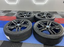 USED 18 INCH GENUINE BMW STYLE 386M ALLOY WHEELS, FULLY REFURBISHED IN GLOSS BLACK, WIDER REARS, INC VG TYRES (NEW REARS) 5x120