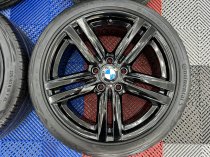 USED 18 INCH GENUINE BMW STYLE 386M ALLOY WHEELS, FULLY REFURBISHED IN GLOSS BLACK, WIDER REARS, INC VG TYRES (NEW REARS) 5x120