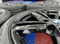 USED 18 INCH GENUINE BMW STYLE 386M ALLOY WHEELS, FULLY REFURBISHED IN GLOSS BLACK, WIDER REARS, INC VG TYRES (NEW REARS) 5x120