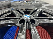 USED 18 INCH GENUINE BMW STYLE 386M ALLOY WHEELS, FULLY REFURBISHED IN GLOSS BLACK, WIDER REARS, INC VG TYRES (NEW REARS) 5x120