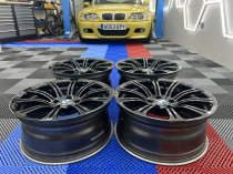 USED 19 INCH GENUINE BMW STYLE 220M E92 M3 FORGED ALLOY WHEELS, WIDE REAR, VGC IN GLOSS BLACK 5x120