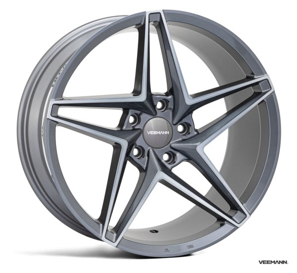 NEW 18 INCH VEEMANN V-FS46 ALLOY WHEELS IN GRAPHITE SMOKE MACHINED WITH DEEPER CONCAVE 9" REAR OPTION 5x112