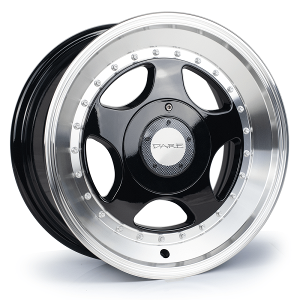 NEW 15 INCH DARE DR F5 ALLOY WHEELS IN GLOSS BLACK WITH POLISHED SLANT DISH 4x100/108