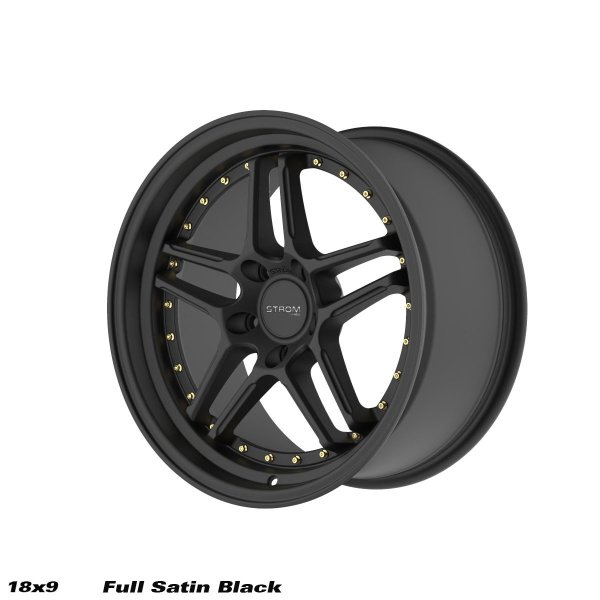 NEW 18 INCH STROM DS-05 ALLOY WHEELS IN FULL SATIN BLACK WITH GOLD RIVETS AND VERY DEEP DISH 10.5" REAR OPTION 5x114.3