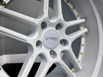 NEW 18 INCH STROM DS-05 ALLOY WHEELS IN FULL GLOSS WHITE WITH GOLD RIVETS AND VERY DEEP DISH 10.5" REAR OPTION 5x114.3