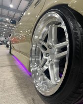 NEW 18 INCH STROM DS-05 ALLOY WHEELS IN HYPER SILVER WITH POLISHED DEEP DISH, SILVER RIVETS AND VERY DEEP 10.5" REAR OPTION 5x120