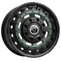 New 17 Inch Wolfrace Explorer Slotmag Alloy Wheels In Matt Black With Matt Green Center 1250kg VW Transporter T5 T6 5x120