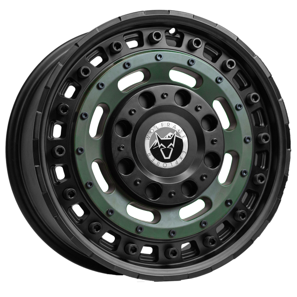 New 17 Inch Wolfrace Explorer Slotmag Alloy Wheels In Matt Black With Matt Green Center 1250kg VW Transporter T5 T6 5x120